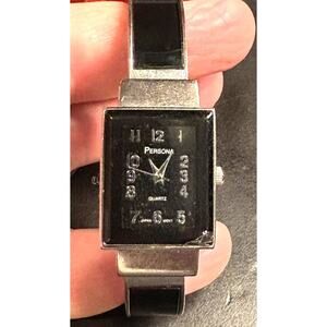 Women's silver Tone Persona Bangle Bracelet watch, Black Face and Accented Band